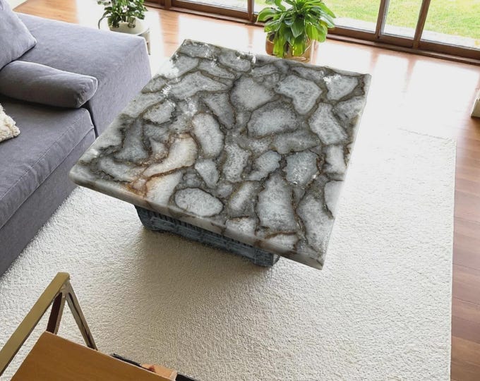 Natural Square Grey Agate Table Top | Gemstone Dining & Coffee Table | (Customisable)