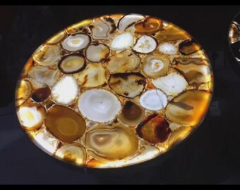 Backlit Agate Stone Table Top | Round Gemstone Mosaic Coffee Table | (Customizable)