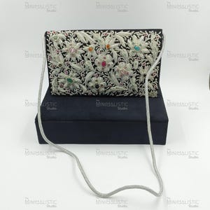 Handmade Zardozi Gemstone Clutch 10&quot;x6&quot; | Embroidered Floral Purse | Real Stone | Gift Velvet Box | Multiway Handle | Customizable