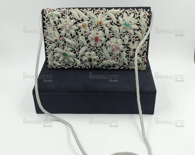 Handmade Zardozi Gemstone Clutch | Embroidered Velvet Floral Purse