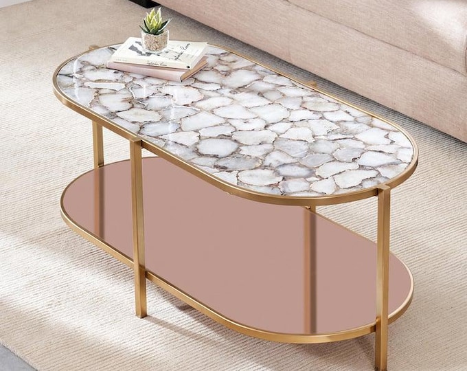 Oval White Agate Table Top | Milky Crystal Gemstone | Dining Coffee Table | (Customisable)