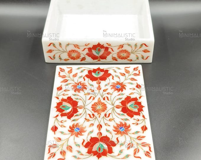 Handmade Marble Inlay Jewelry Box | Pietra Dura Floral Art