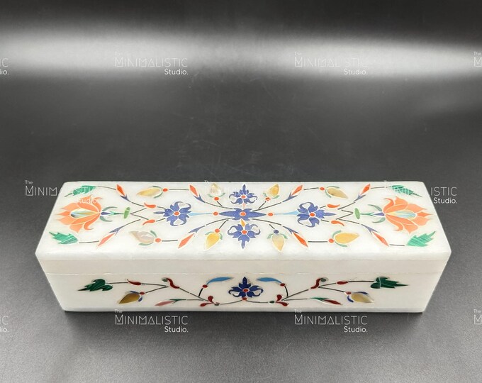 Handmade Makrana Marble Inlay Box | Floral Semi-Precious Stone, Mughal Art