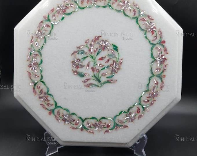 Floral Gemstone Inlay Marble Plate | Octagonal White Marble Art