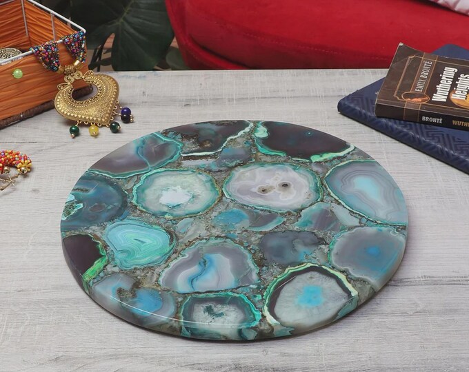 Handmade Blue Agate Round Table Top | Luxury Gemstone Decor