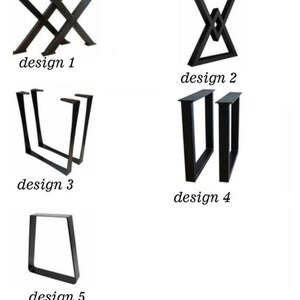 May include: Five different black metal table leg designs are displayed against a white background. The designs are labeled 1 through 5. Design 1 is an X-shaped base. Design 2 is a V-shaped base with a diamond in the center. Designs 3, 4, and 5 are U-shaped and angled.