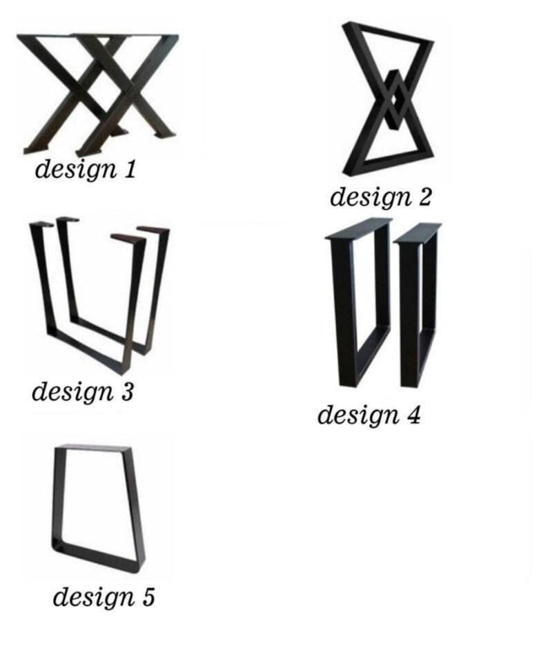 May include: Five different black metal table leg designs are displayed against a white background. The designs are labeled 1 through 5. Design 1 is an X-shaped base. Design 2 is a V-shaped base with a diamond in the center. Designs 3, 4, and 5 are U-shaped and angled.