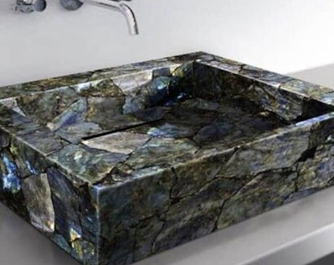 Handmade Labradorite Gemstone Sink | Luxury Rectangular Vessel Basin