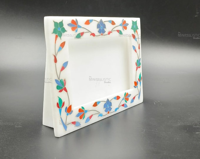 Handmade Pietra Dura Marble Photo Frame | Floral Inlay Stone Art