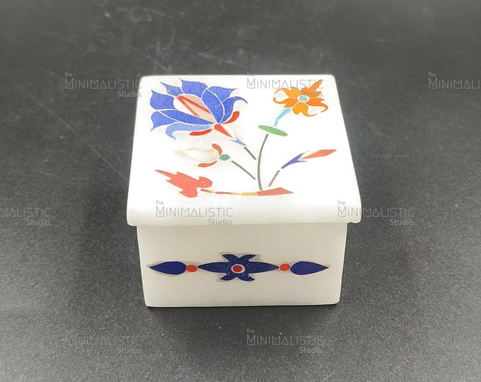 Handcrafted White Marble Inlay Box | Pietra Dura Floral Trinket Keeper