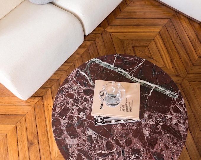 Handmade Round Rosso Levanto Coffee Table | With X Shape Legs Red Marble | (Customisable)