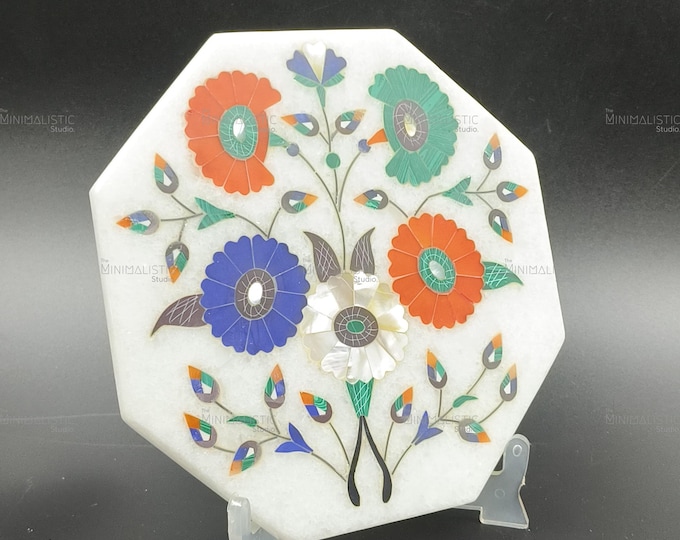 Octagonal Marble Inlay Plate | Handcrafted Mughal Floral Art