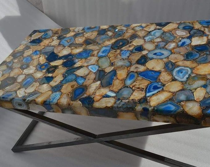 Handmade Agate Gemstone Table Top – Blue, Gold, Earthy Mosaic