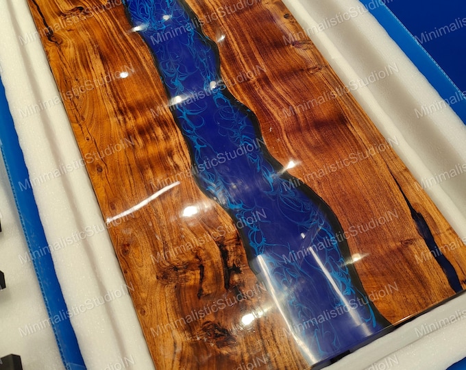 Handmade Acacia Wood Blue Epoxy River Table Top | Live Edge Resin Art