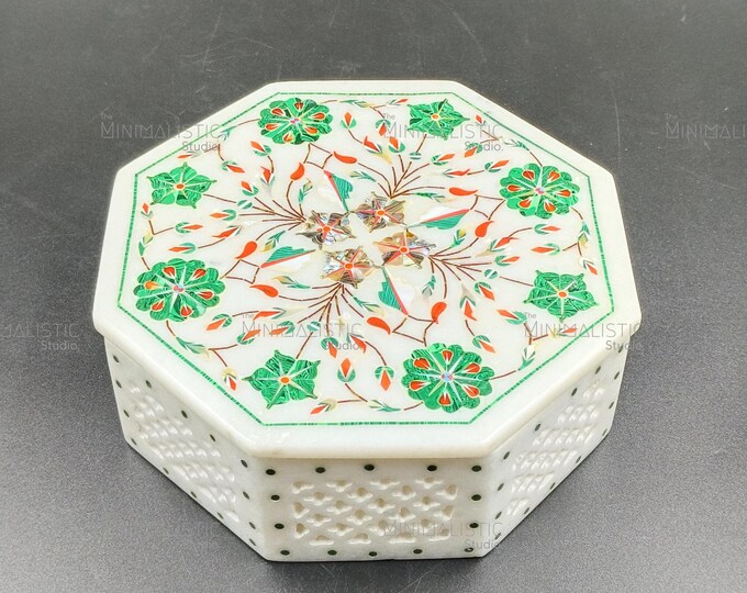 Handmade Octagonal Marble Inlay Box – Pietra Dura Floral Jewelry Keepsake
