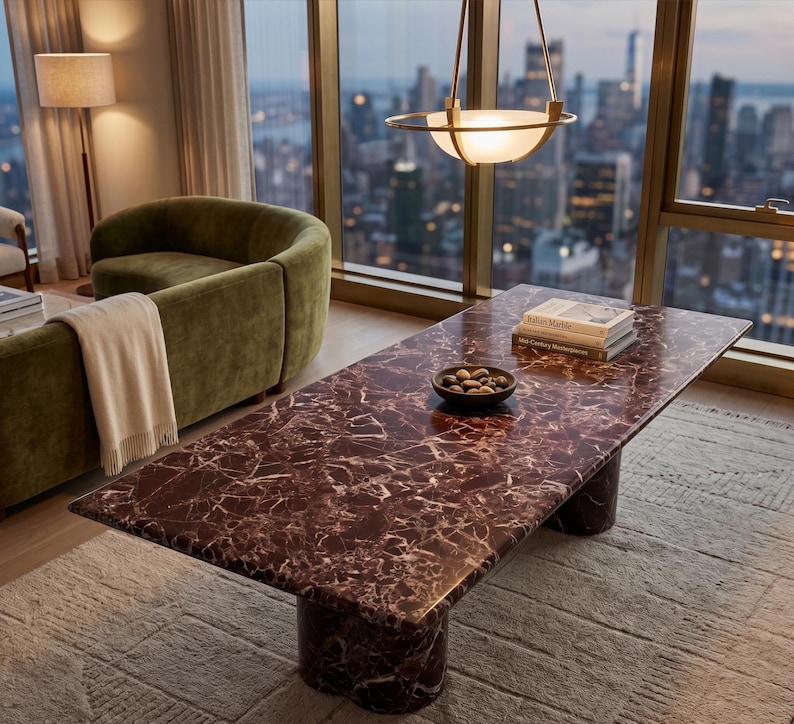 May include: A rectangular coffee table with a red marble top and two rounded pedestal bases. A small bowl of decorative objects and two books are on the table. A green sofa and a cream-colored throw blanket are in the background.