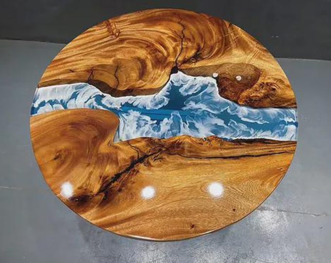 Handmade Acacia Wood Coffee Table | Blue Resin Wave Ocean Art