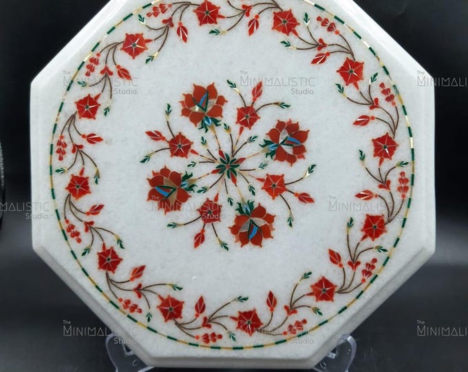 Handcrafted White Marble Floral Inlay Plate | Indian Decor