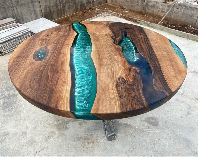 Round Green Epoxy Acacia Wood Table Top | Ocean Resin River Dining Coffee Table | (Customisable)