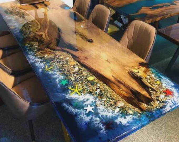 Acacia Wood Ocean Epoxy Table Top | Live Edge Coastal Resin Art