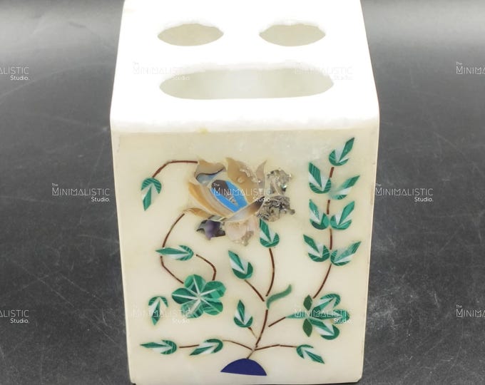 Handmade Marble Toothbrush Holder | Floral Inlay Bathroom Organizer