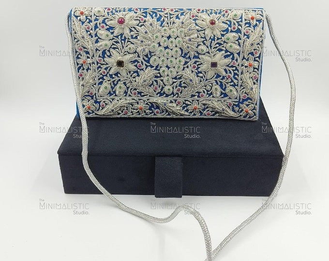 Handmade Blue Velvet Zardozi Clutch | Gemstone Floral Evening Bag