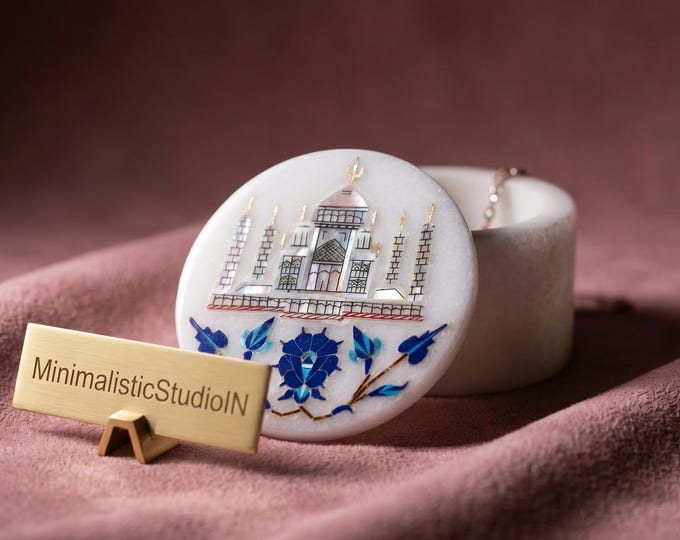 Round Taj Mahal Jewellery Box | Handmade White Marble Storage Container |   2.5 Inch