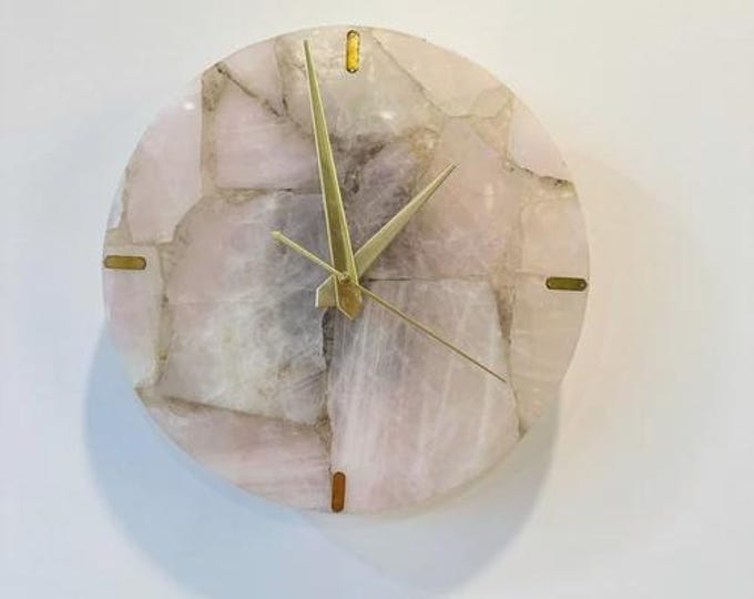 Handmade Round Rose Quartz Wall Clock | Natural Gemstone Crystal Modern Decor | (Customisable)
