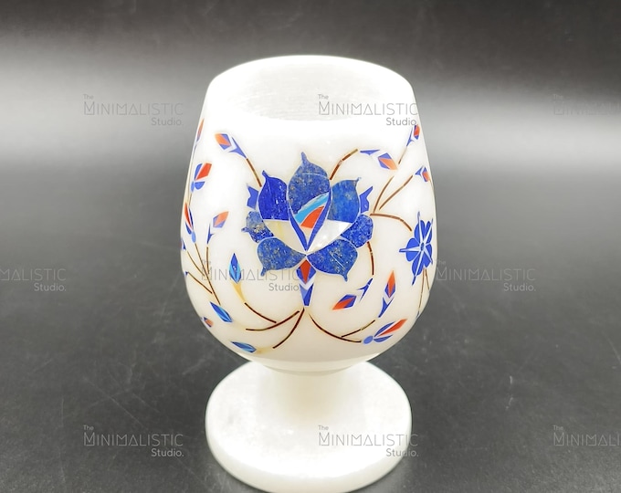 Handcrafted White Marble Goblet Vase | Blue Floral Pietra Dura Inlay