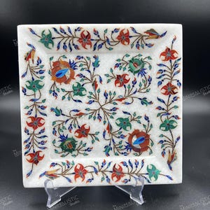 Handmade Marble Inlay Square Tray | White Makrana Marble | Pietra Dura Floral Art | Decorative Serving Dish | Luxury Gift Idea