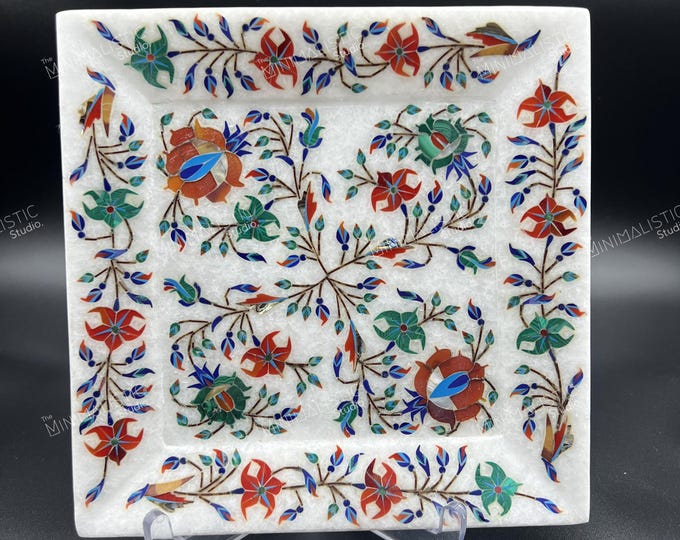 Marble Inlay Tray | Pietra Dura Floral Art, Makrana White Marble