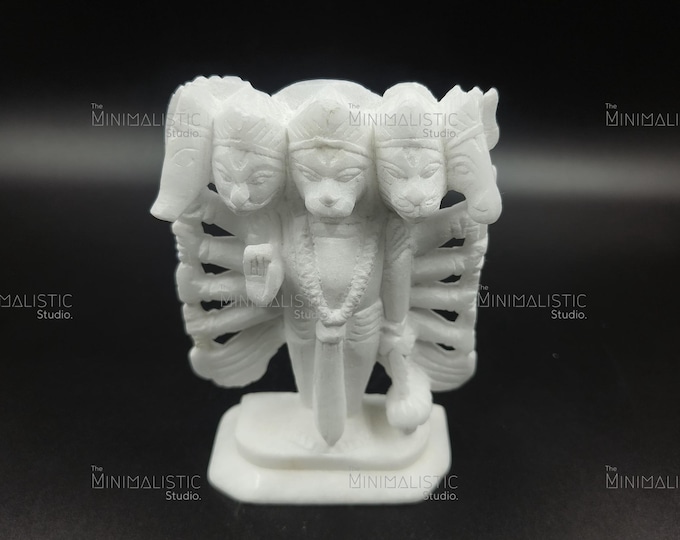 Handcrafted Marble Panchamukhi Hanuman Idol | Five-Face Sculpture | White Marble Hindu Decor & Puja Gift