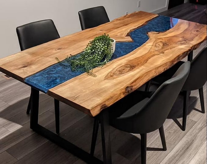 Handmade Blue River Epoxy Acacia Table Top | Live Edge Dining, Coffee