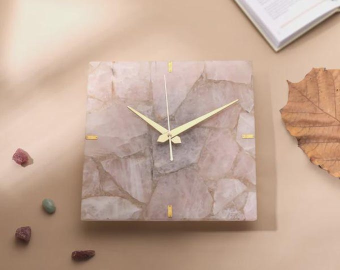 Handmade Rose Quartz Square Wall Clock | Natural Crystal Gemstone Modern Decor (Customisable)
