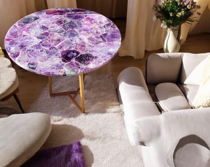 Round Amethyst Gemstone Table Top | Purple Crystal, Customizable