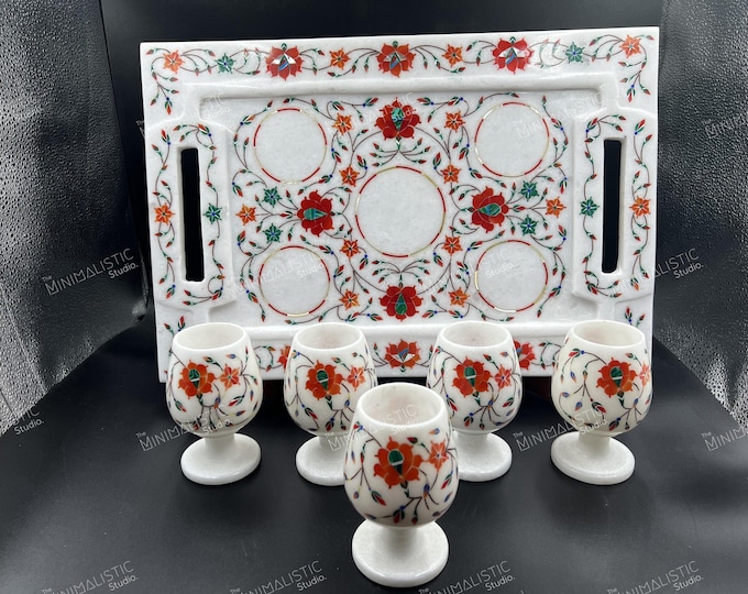 Handmade Makrana Marble Wine Set | Stone Inlay Tray & Goblets