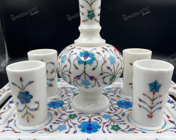 Handcrafted Makrana Marble Wine Set – Blue Floral Inlay | Luxury Home Bar Decor