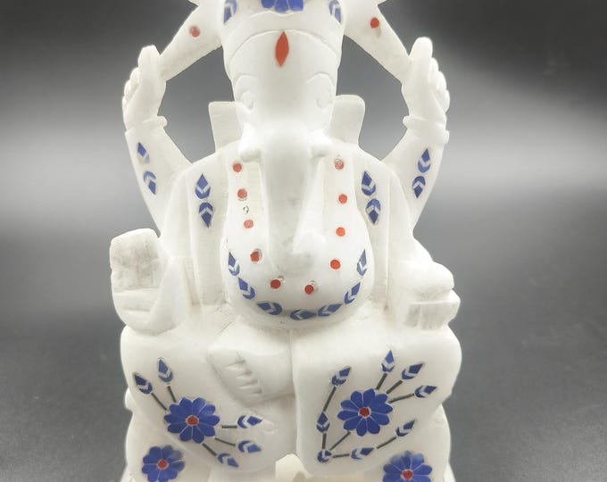 Handmade Marble Ganesha Statue – 6 Inch Hindu God Idol with Stone Inlay
