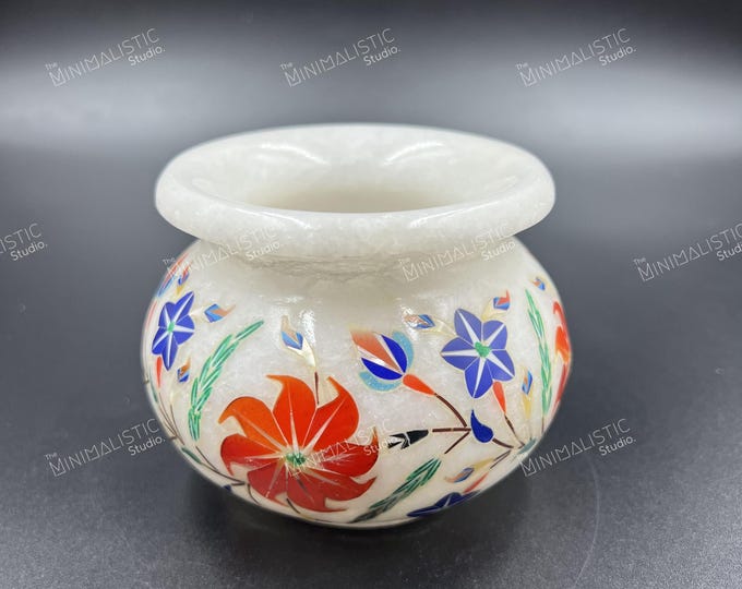 Handmade Makrana Marble Vase | Indian Floral Inlay Decor
