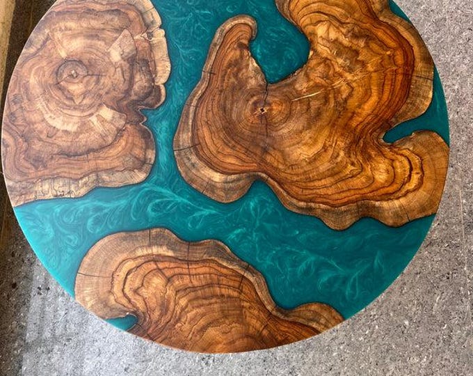 Round Green Epoxy Acacia Wood Table Top | Coffee Dining Table | (Customisable)