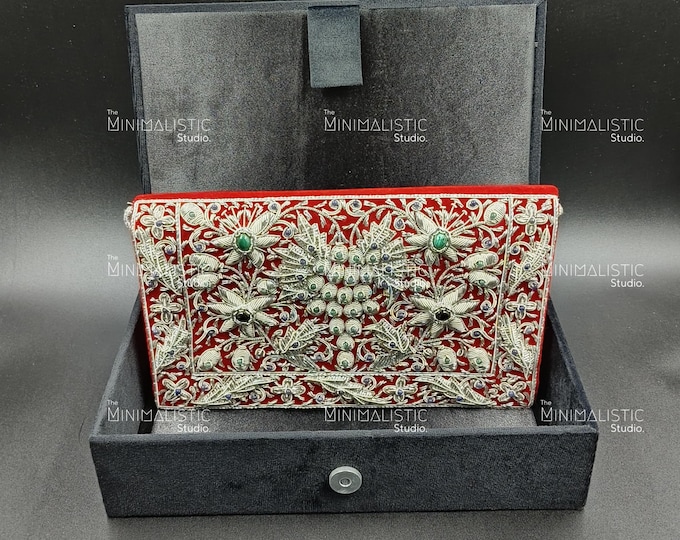Red Velvet Zardozi Clutch | Silver Floral Embroidery, Gemstones