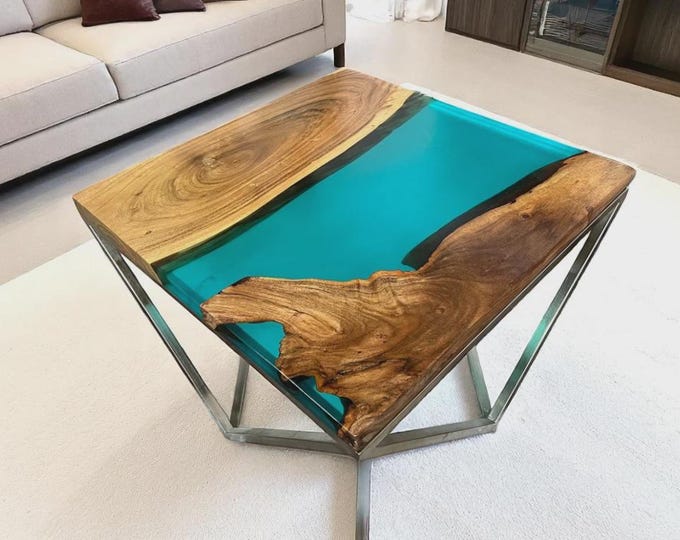 Square Acacia Wood Aqua Blue Epoxy Table Top | Coastal Modern Coffee Table | (Customisable)