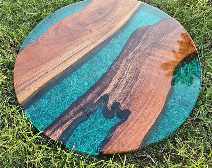 Handmade Acacia Wood Round Table Top | Blue Epoxy Resin River Art