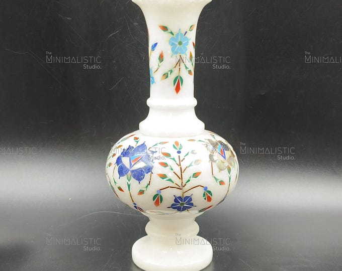Handcrafted White Marble Floral Inlay Vase | Pietra Dura Indian Decor | Elegant Table Centerpiece & Gift