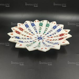 12 Inch White Marble Lotus Bowl with Real Gemstone Inlay – Handmade Decorative Floral Plate for Tabletop or Festive Decor