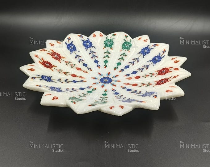 Handmade White Marble Lotus Bowl – Gemstone Inlay, Festive Decor