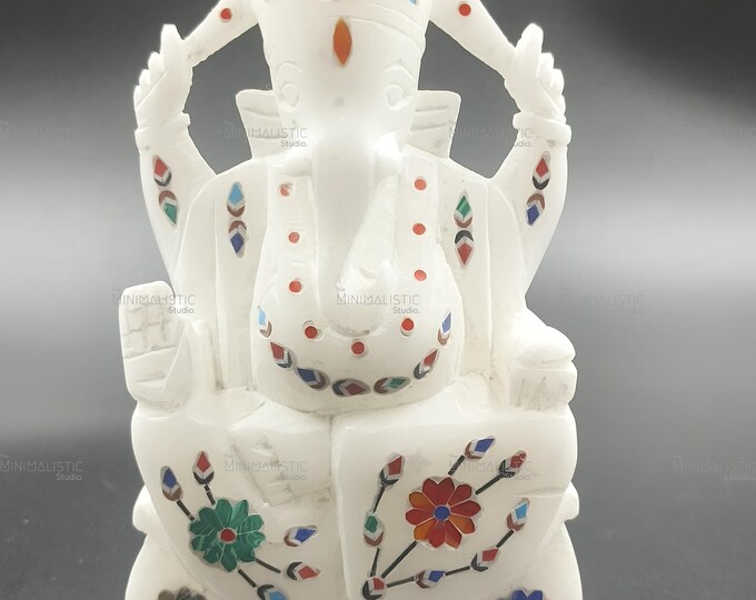 Handmade Marble Ganesha Statue – Stone Inlay Hindu Idol, 6 Inch