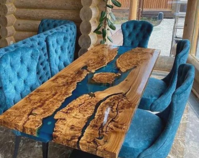 Acacia Wood Blue Epoxy River Table Top | Live Edge Slab (Customisable)