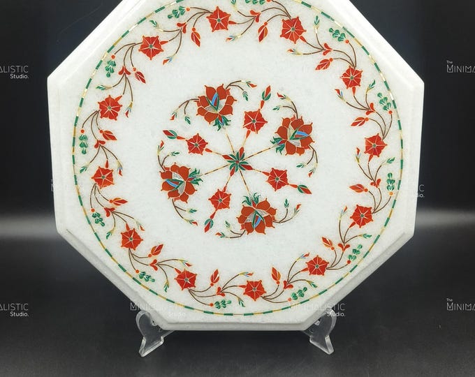 Handmade Marble Inlay Tabletop – Octagonal Pietra Dura Art |  Floral White Marble | Elegant Home Decor