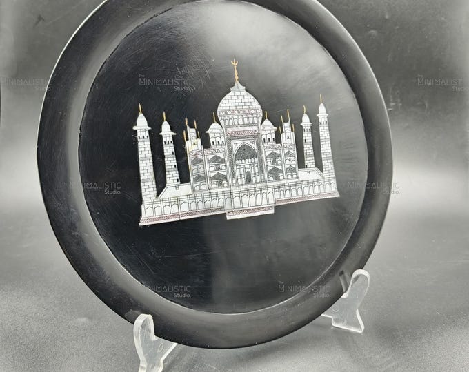 Handmade Taj Mahal Black Marble Plate | Stone Inlay, Indian Decor